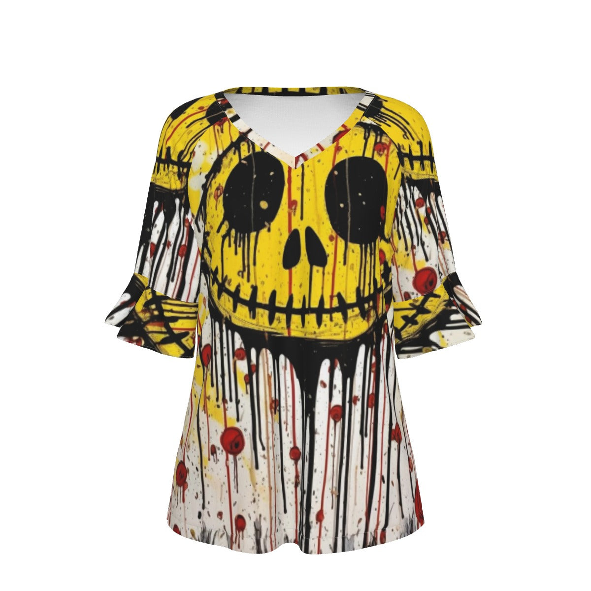 All-Over Print V-neck Women's T-shirt With Bell Sleeve