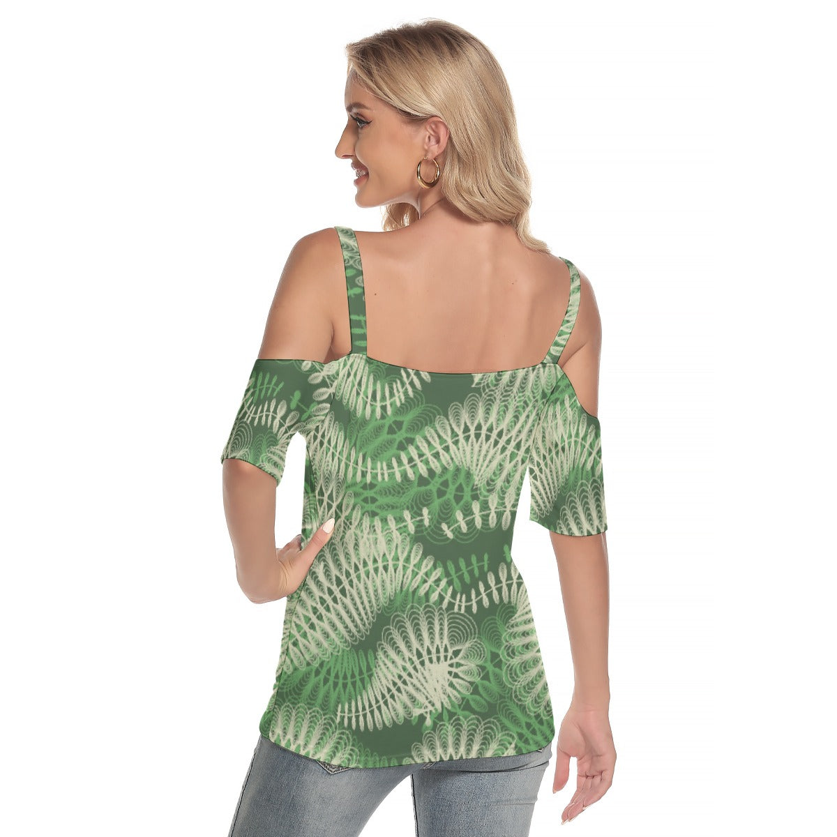 All-Over Print Women's Cold Shoulder T-shirt With Criss Cross Strips