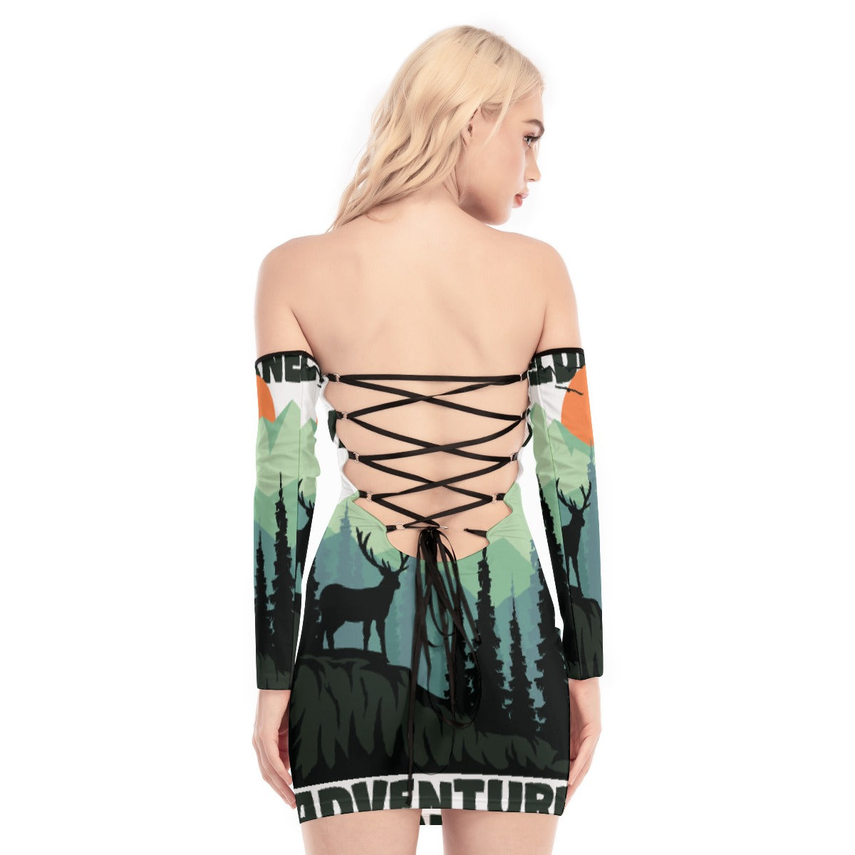 All-Over Print Women's Off-shoulder Back Lace-up Dress