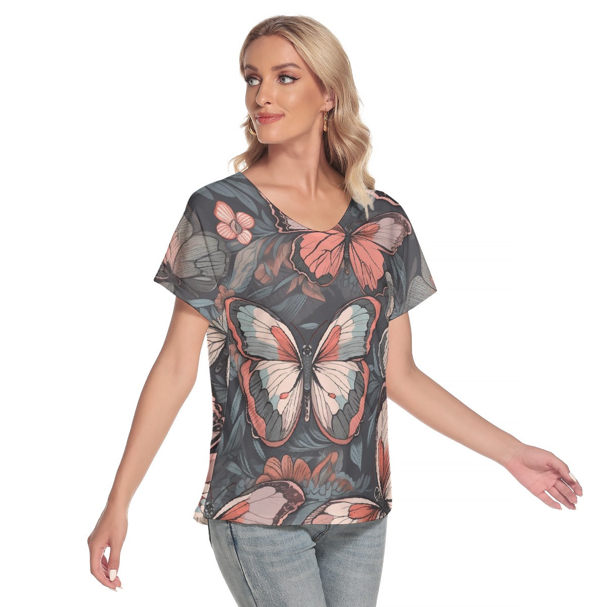 All-Over Print Women's Loose V-neck Short Sleeve T-shirt