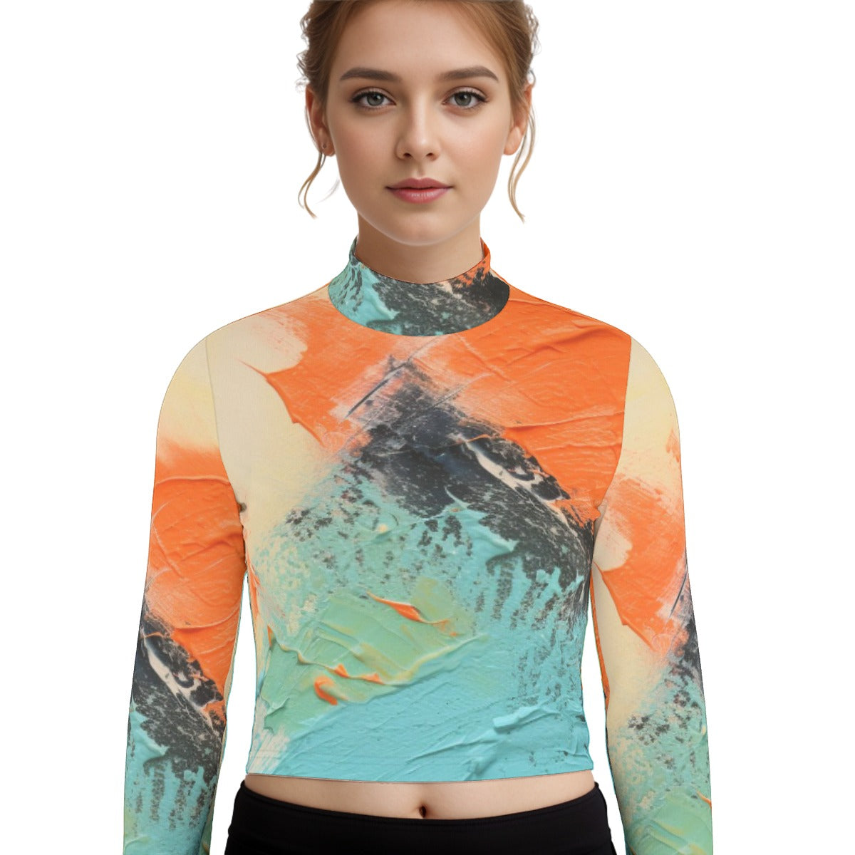 Eco-Friendly All-Over Print Women's Turtleneck T-shirt With Long Sleeve