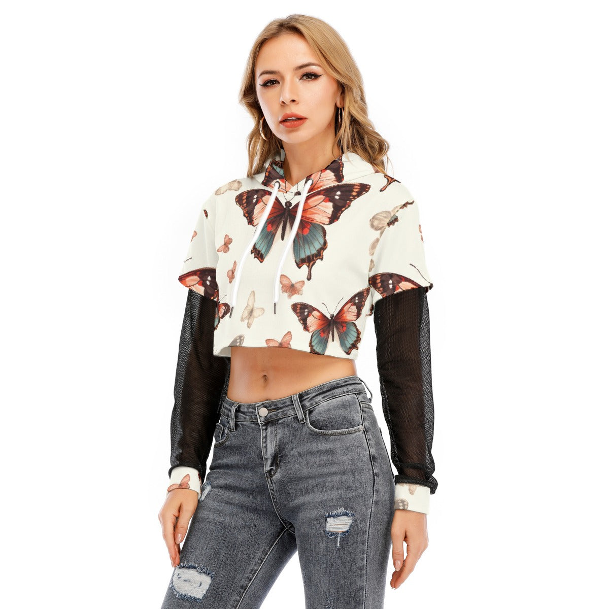 All-Over Print Women's Fake Two-piece Mesh Sleeve Cropped Hoodie