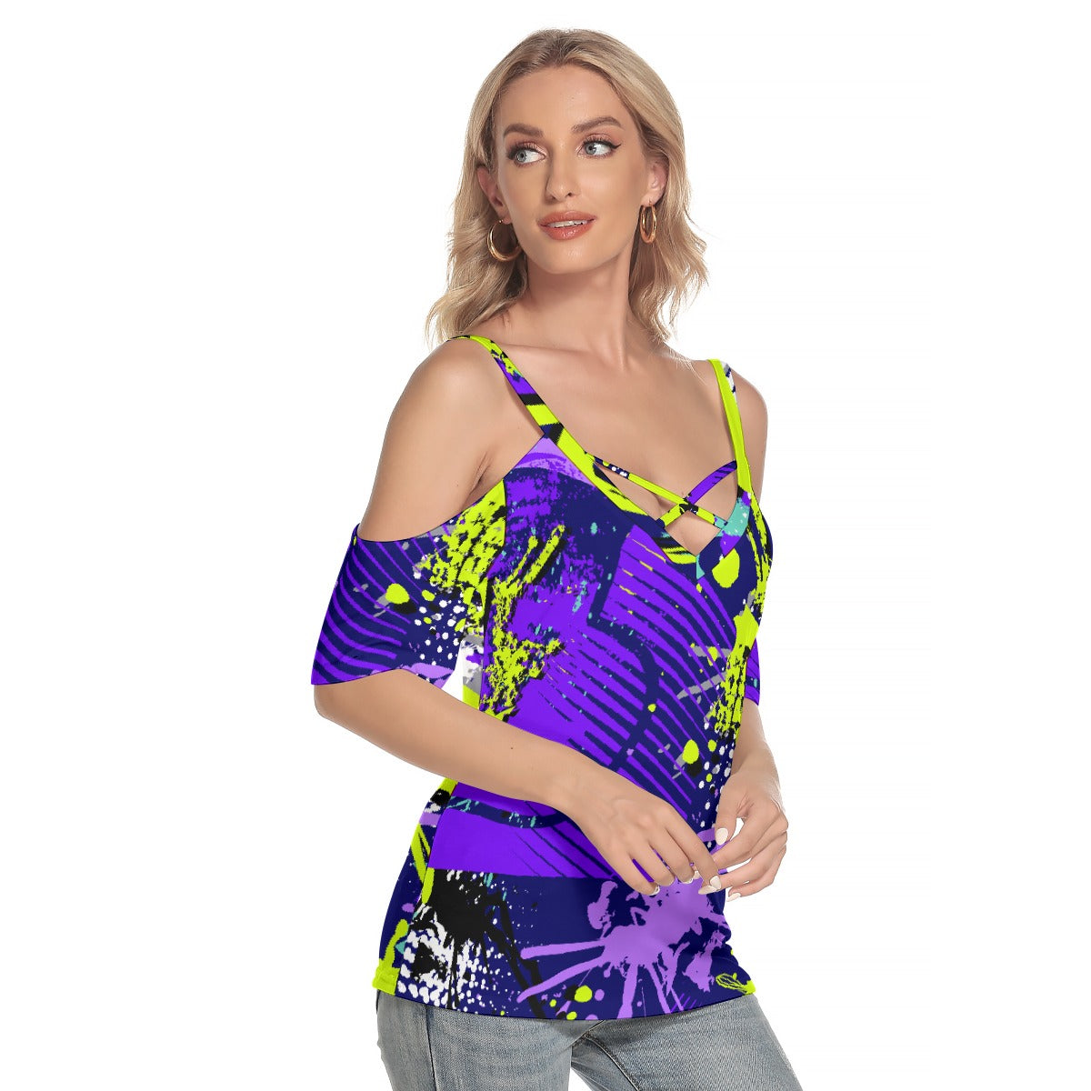 All-Over Print Women's Cold Shoulder T-shirt With Criss Cross Strips