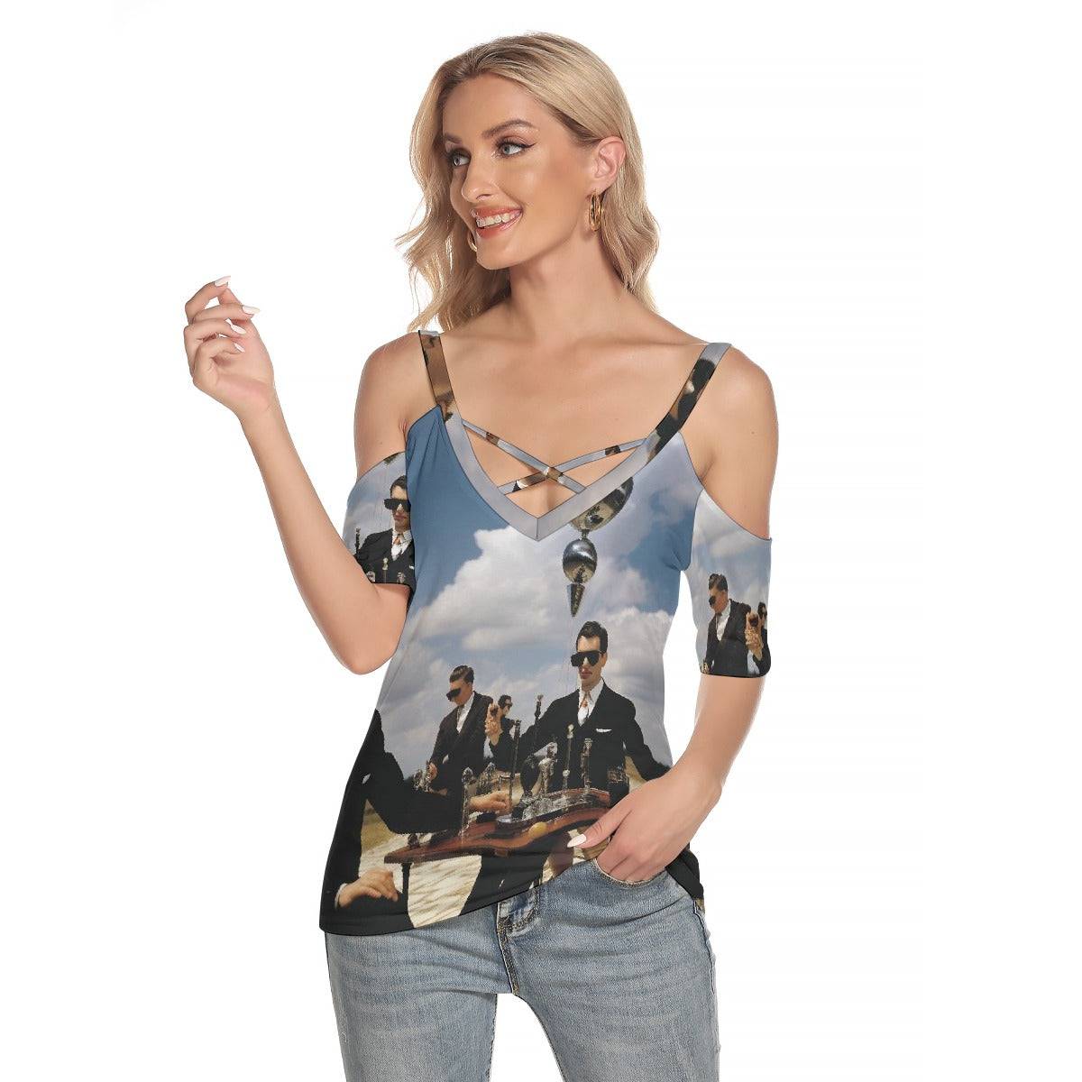 All-Over Print Women's Cold Shoulder T-shirt With Criss Cross Strips