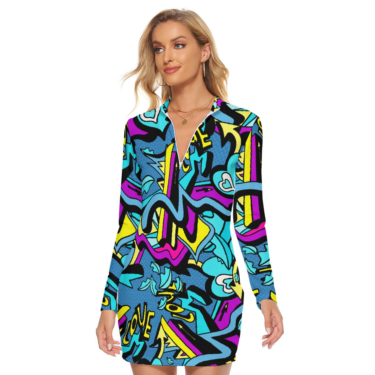 All-Over Print Women's Zip Front Tight Dress