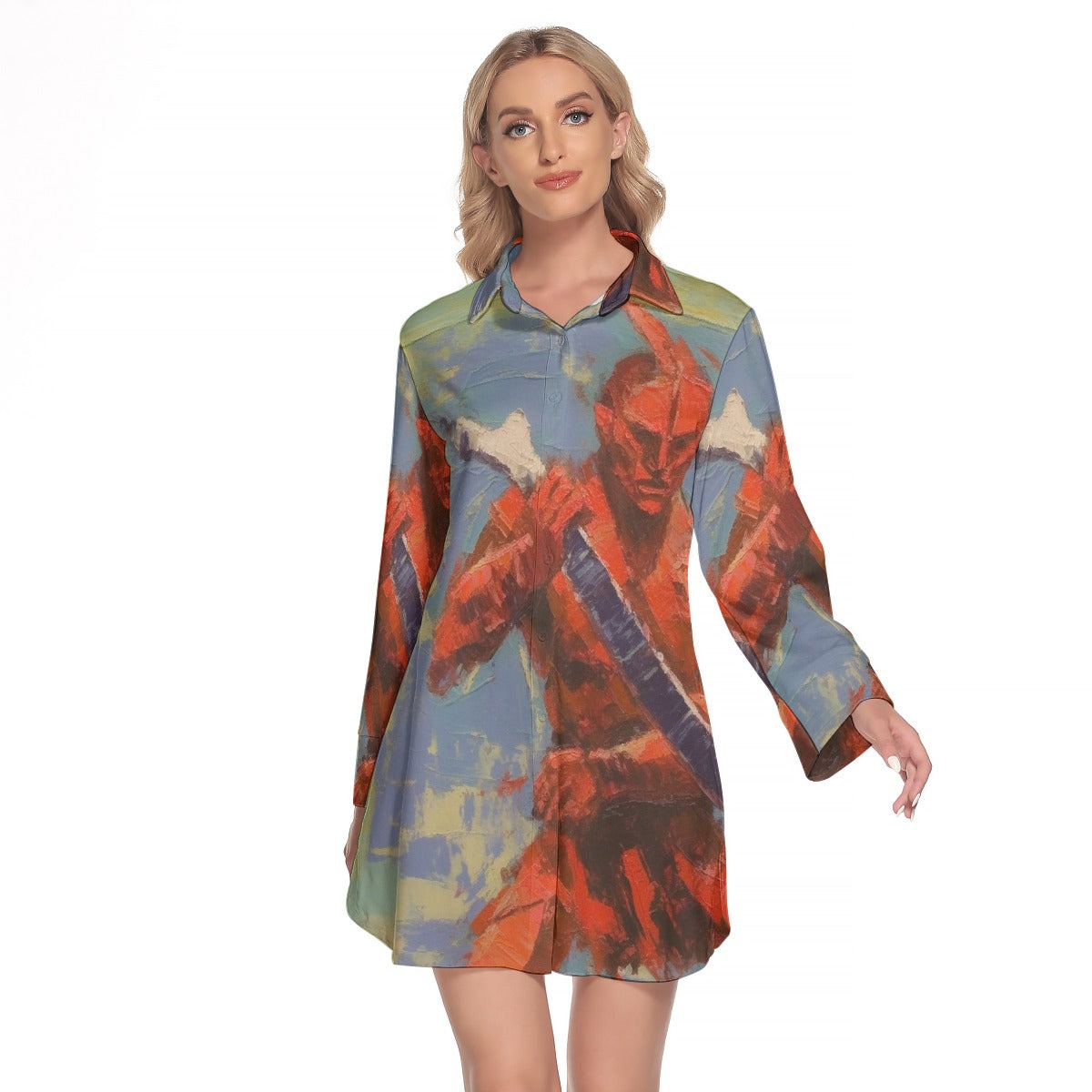 All-Over Print Women's Lapel Shirt Dress With Long Sleeve