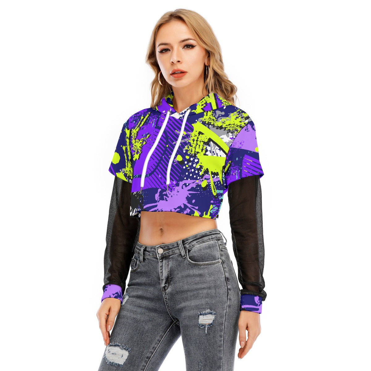 All-Over Print Women's Fake Two-piece Mesh Sleeve Cropped Hoodie