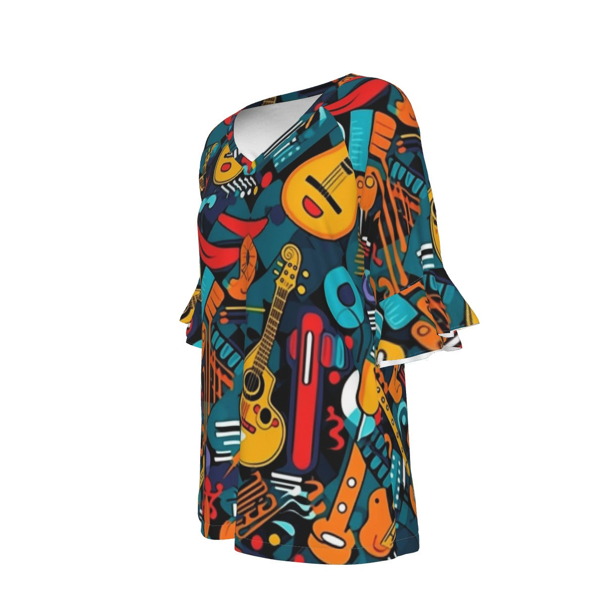 All-Over Print V-neck Women's T-shirt With Bell Sleeve