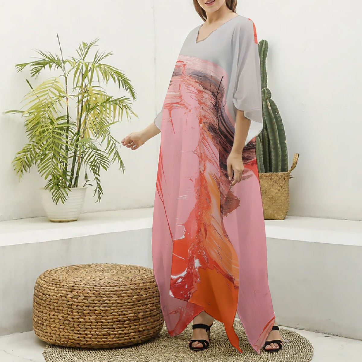 All-Over Print Women's Imitation Silk V-neck Kaftan Robe