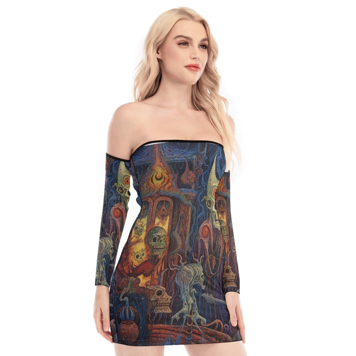 All-Over Print Women's Off-shoulder Back Lace-up Dress