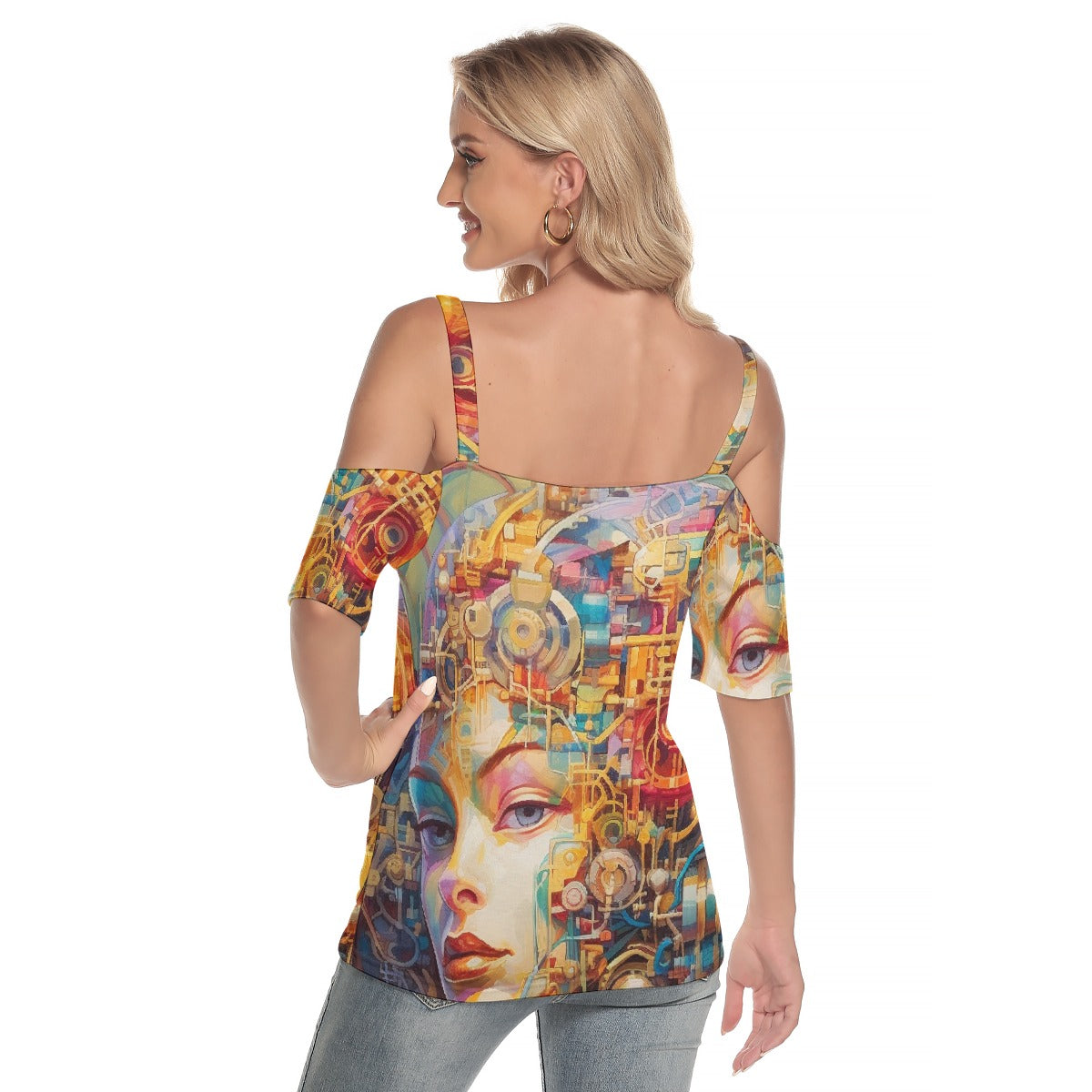 All-Over Print Women's Cold Shoulder T-shirt With Criss Cross Strips