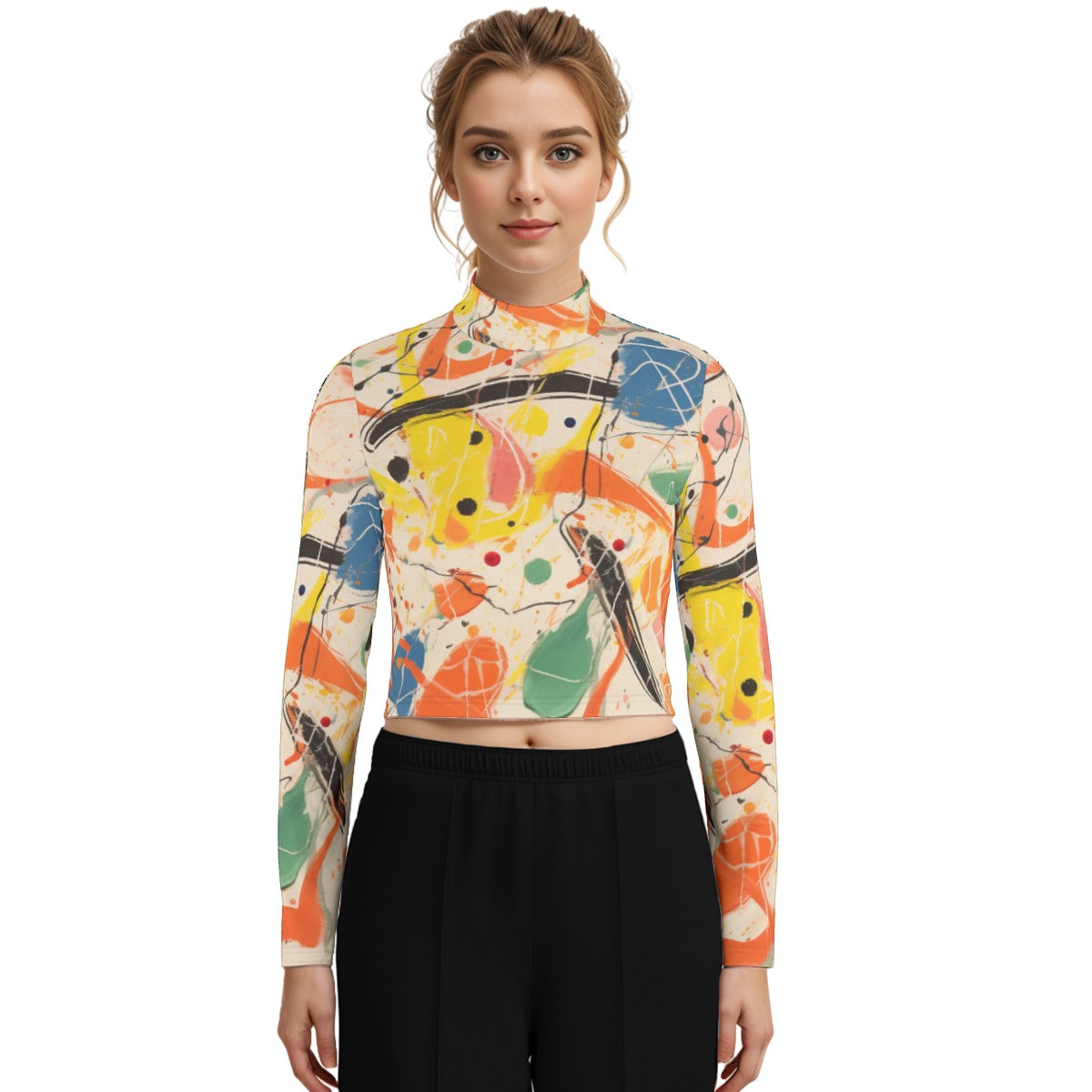 Eco-Friendly All-Over Print Women's Turtleneck T-shirt With Long Sleeve