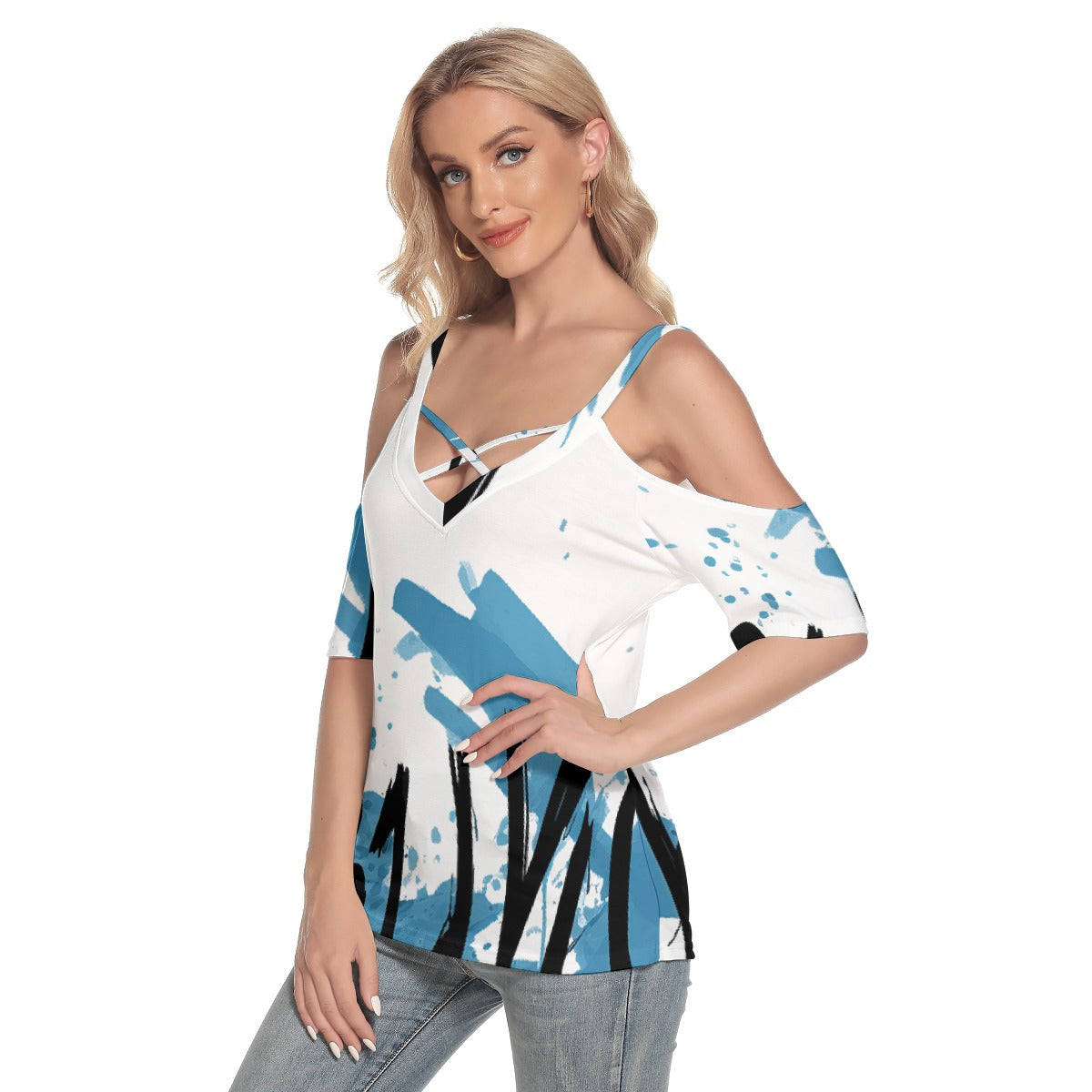 All-Over Print Women's Cold Shoulder T-shirt With Criss Cross Strips