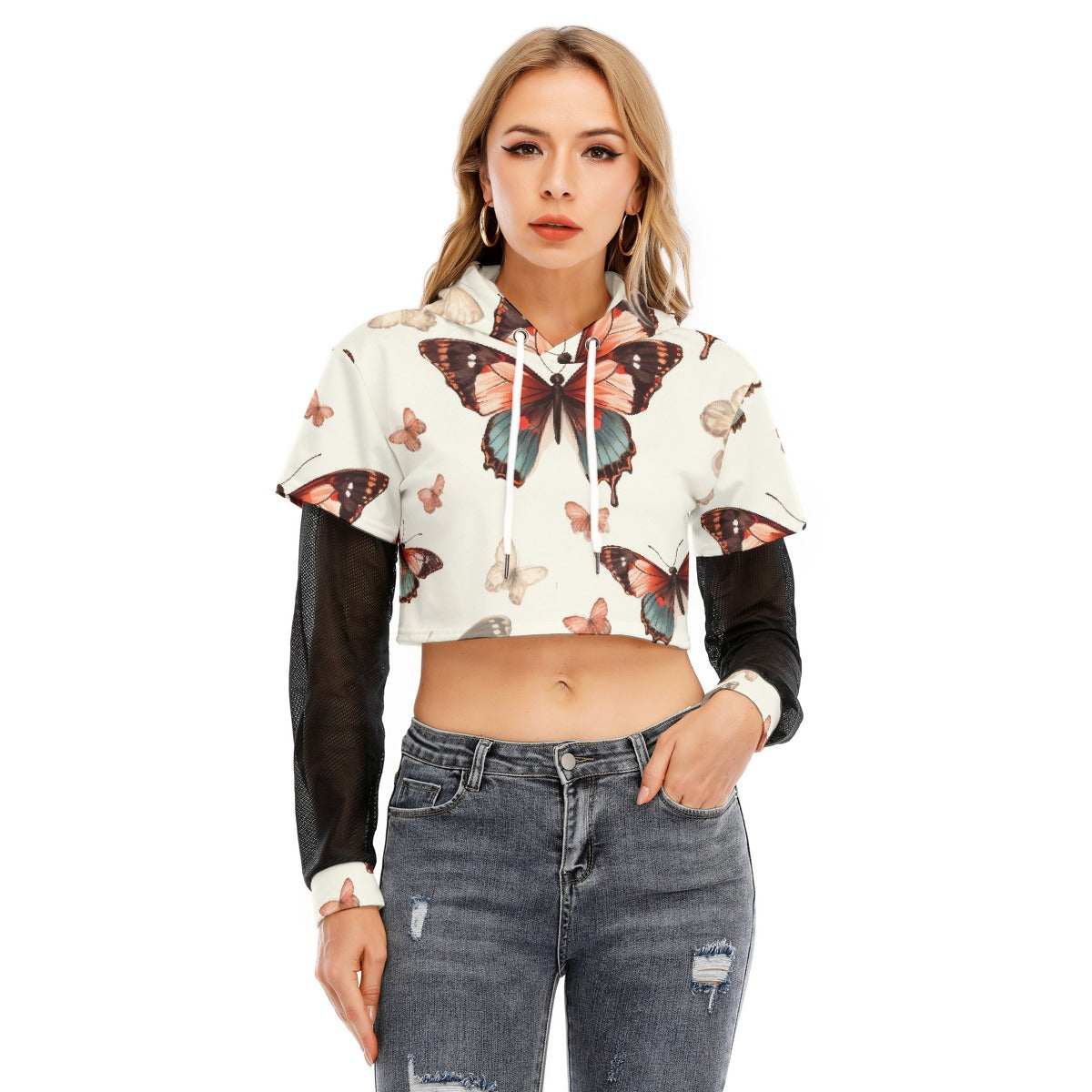 All-Over Print Women's Fake Two-piece Mesh Sleeve Cropped Hoodie