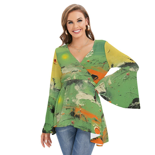 All-Over Print Women's V-neck Blouse With Flared Sleeves