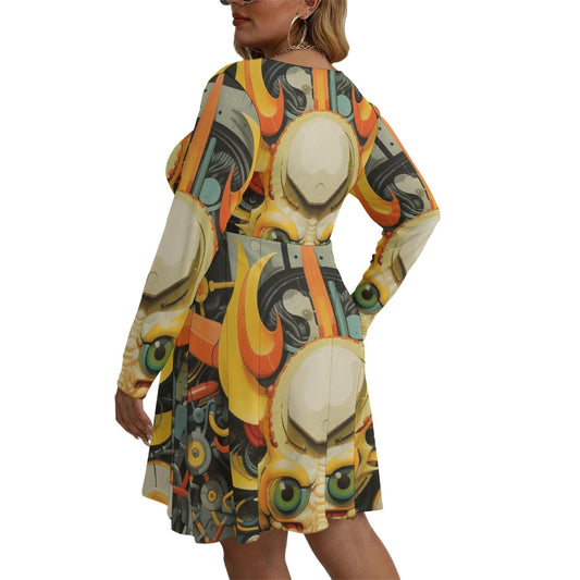 All-Over Print Women's V-neck Long Sleeve Dress(Plus Size)