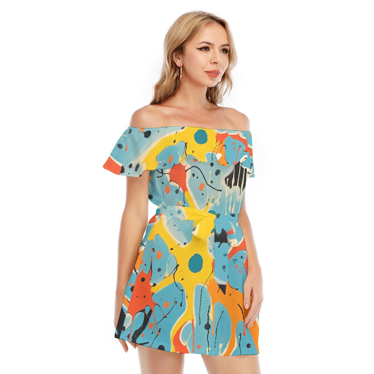 All-Over Print Women's Off-shoulder Dress With Ruffle