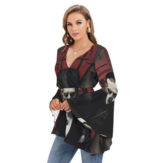 All-Over Print Women's V-neck Blouse With Flared Sleeves