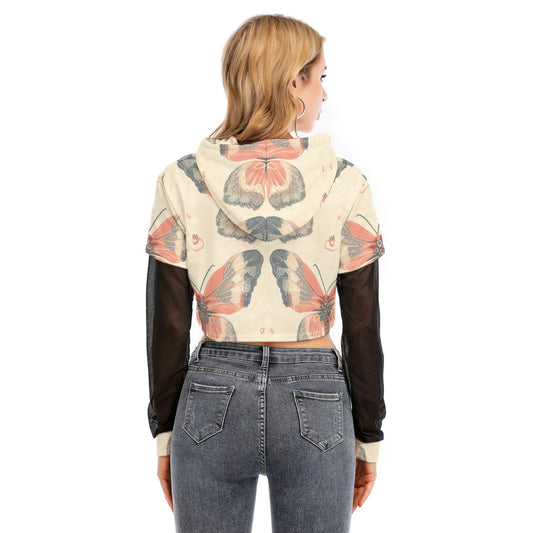 All-Over Print Women's Fake Two-piece Mesh Sleeve Cropped Hoodie