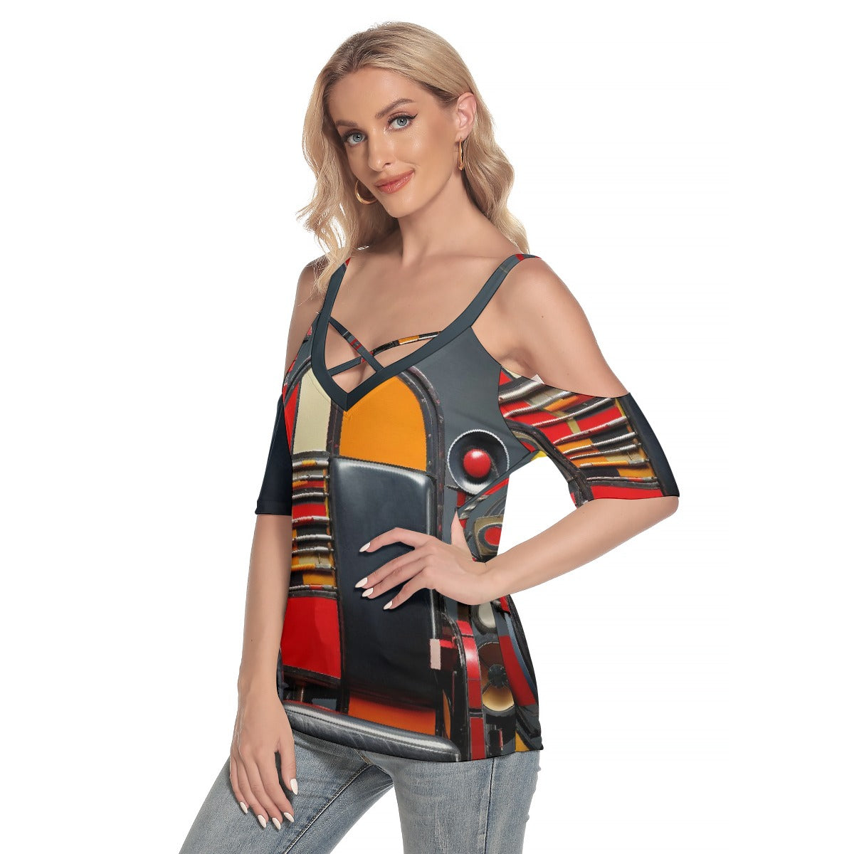 All-Over Print Women's Cold Shoulder T-shirt With Criss Cross Strips