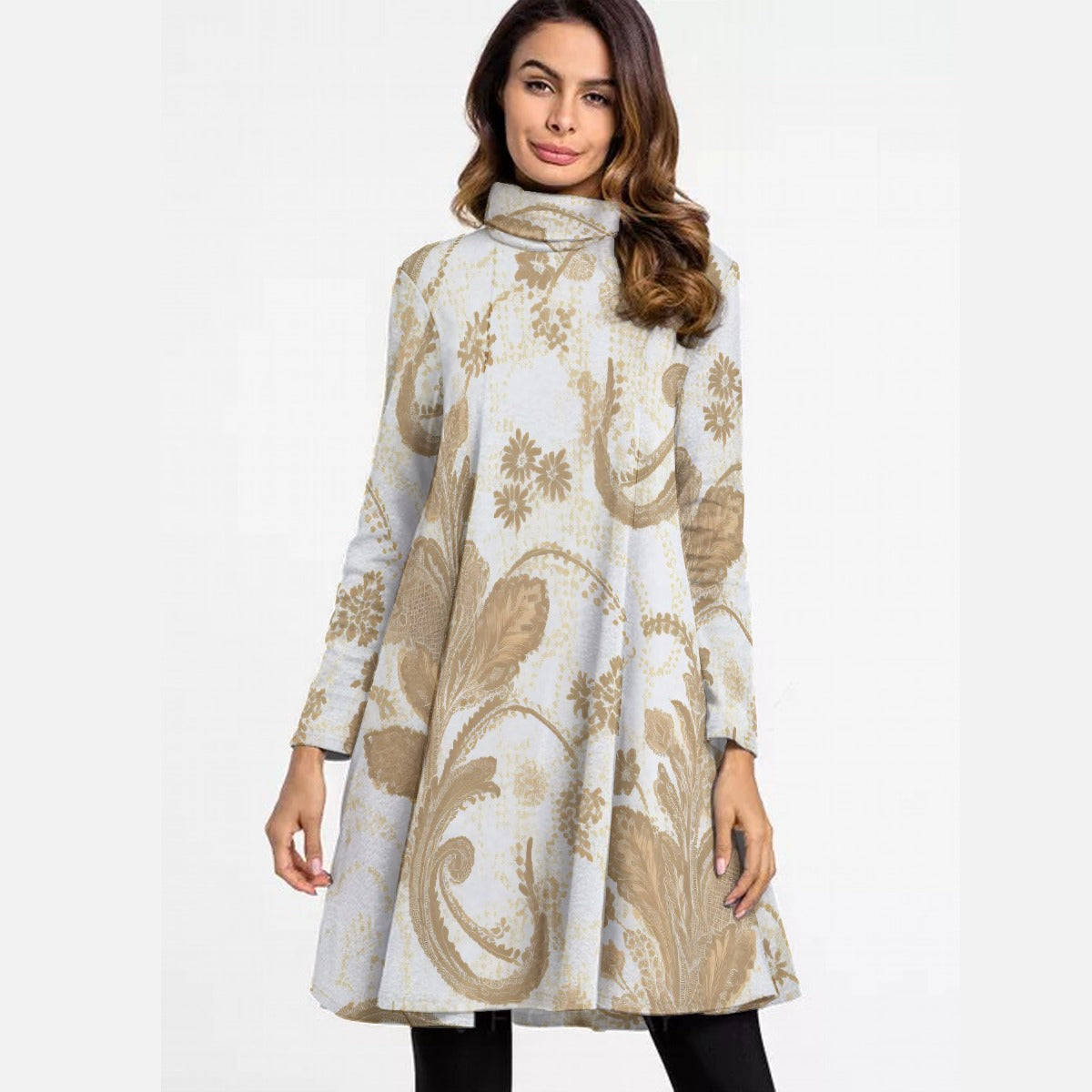 All-Over Print Women's High Neck Dress With Long Sleeve