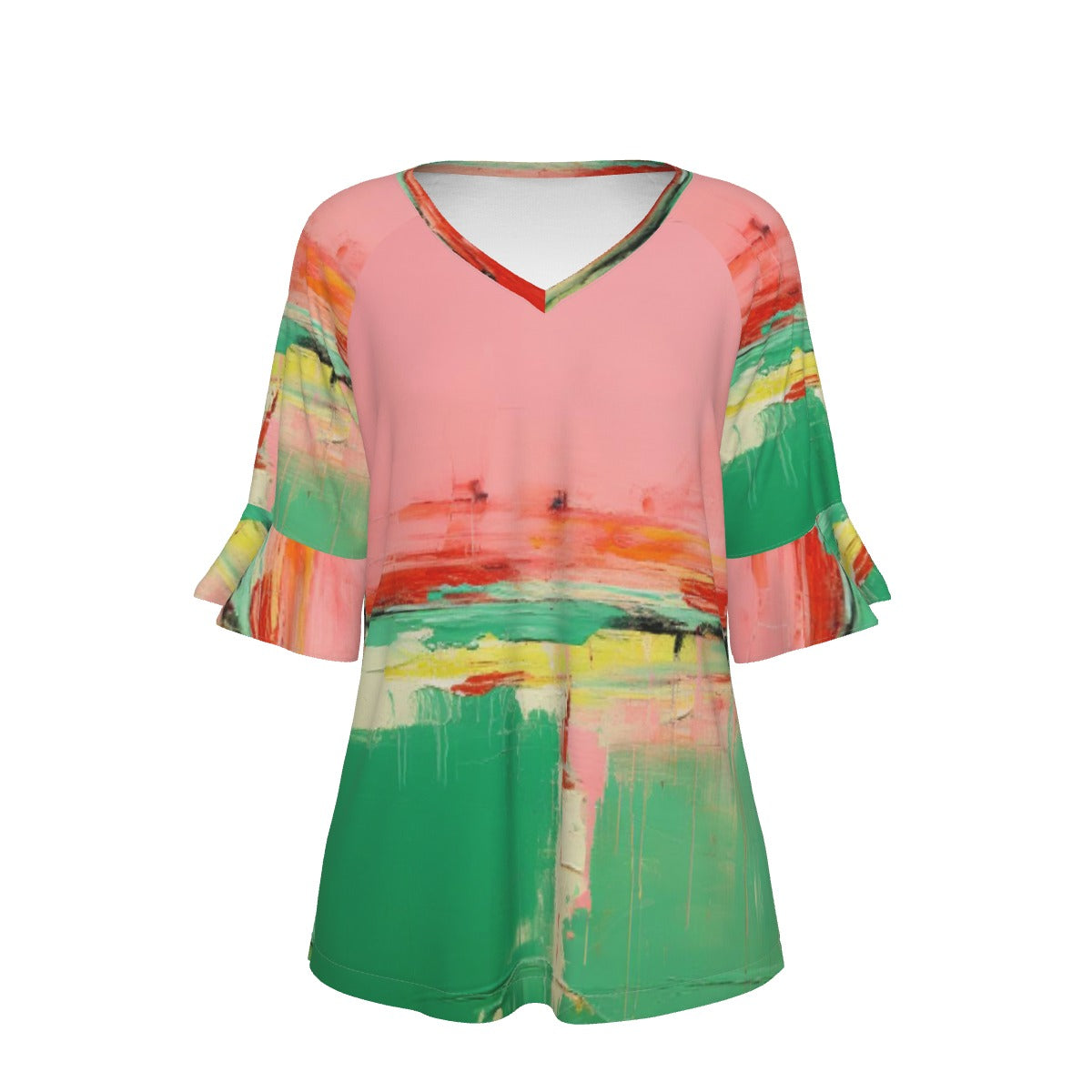 All-Over Print V-neck Women's T-shirt With Bell Sleeve