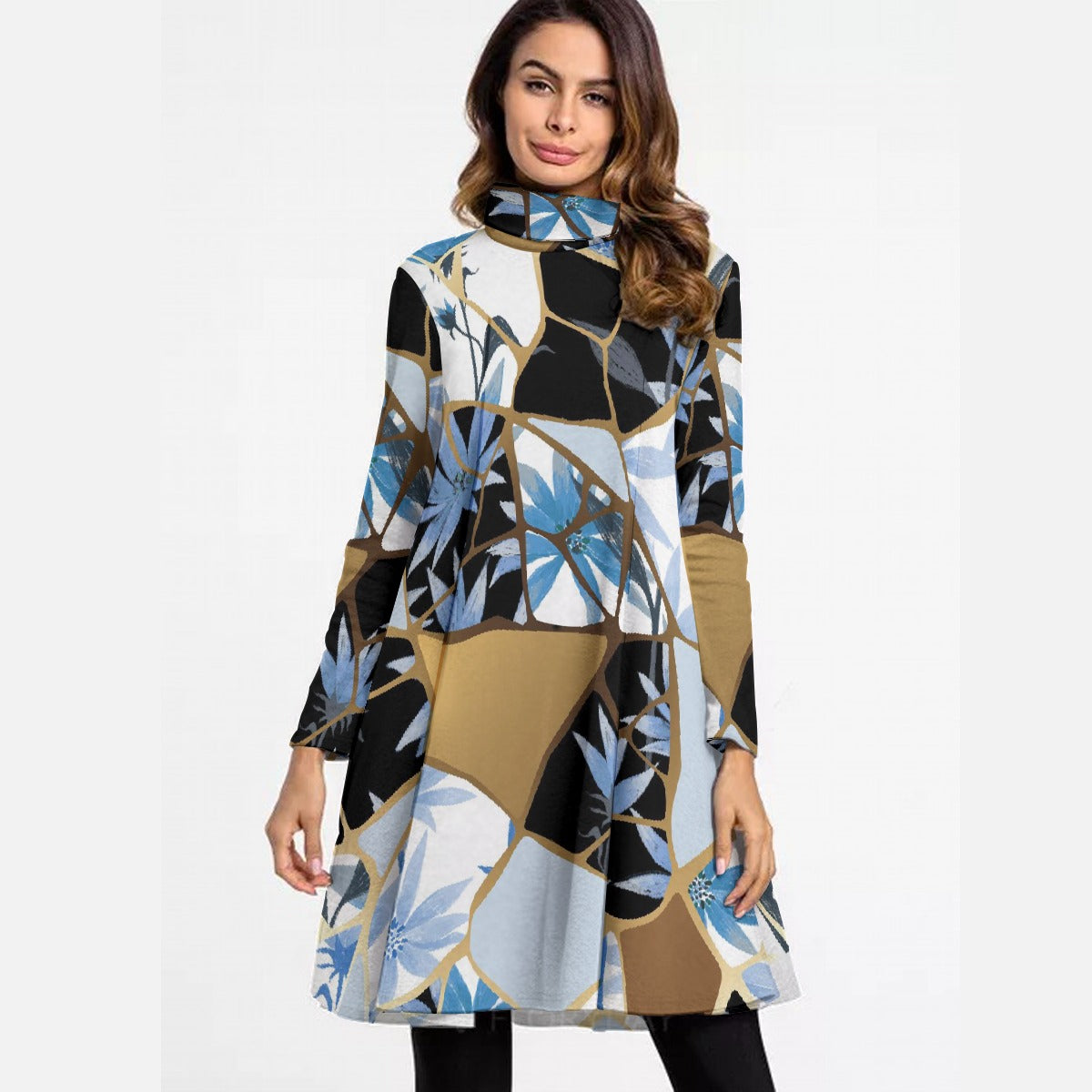 All-Over Print Women's High Neck Dress With Long Sleeve