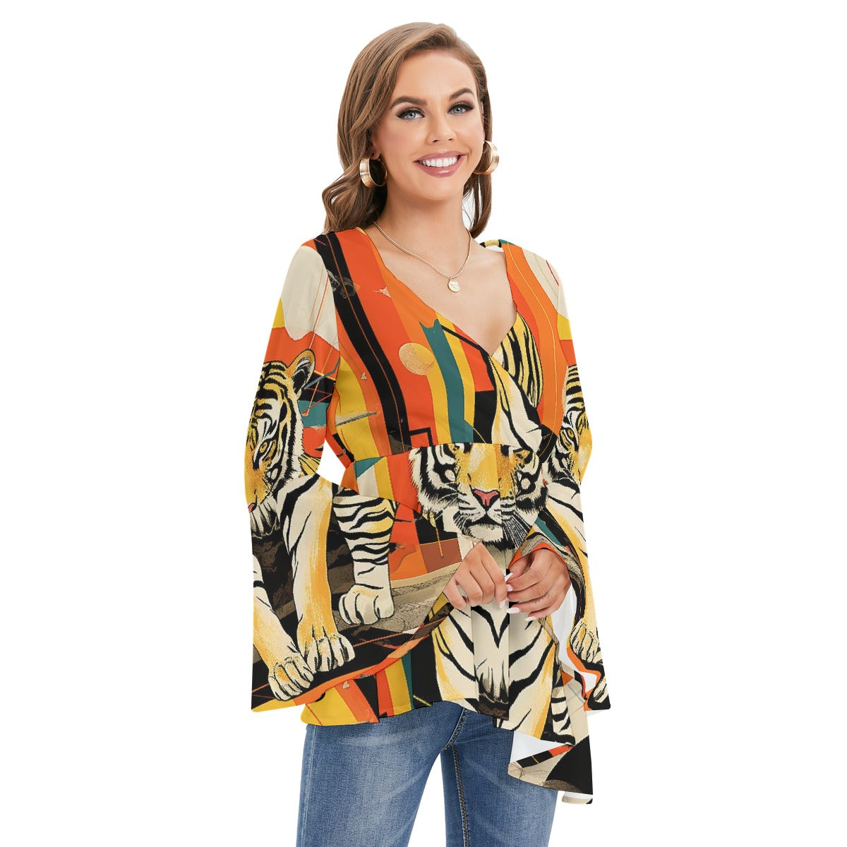 All-Over Print Women's V-neck Blouse With Flared Sleeves