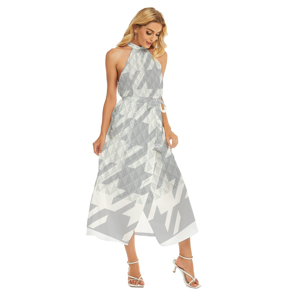 All-Over Print Women's Wrap Hem Belted Halter Dress