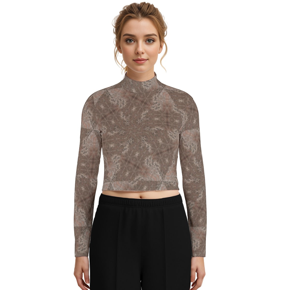 Eco-Friendly All-Over Print Women's Turtleneck T-shirt With Long Sleeve