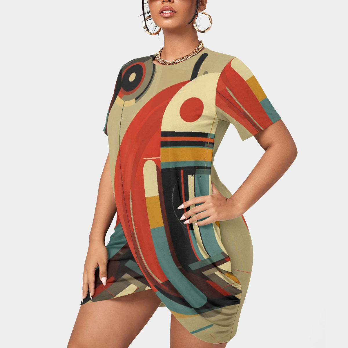 All-Over Print Women’s Stacked Hem Dress With Short Sleeve（Plus Size）