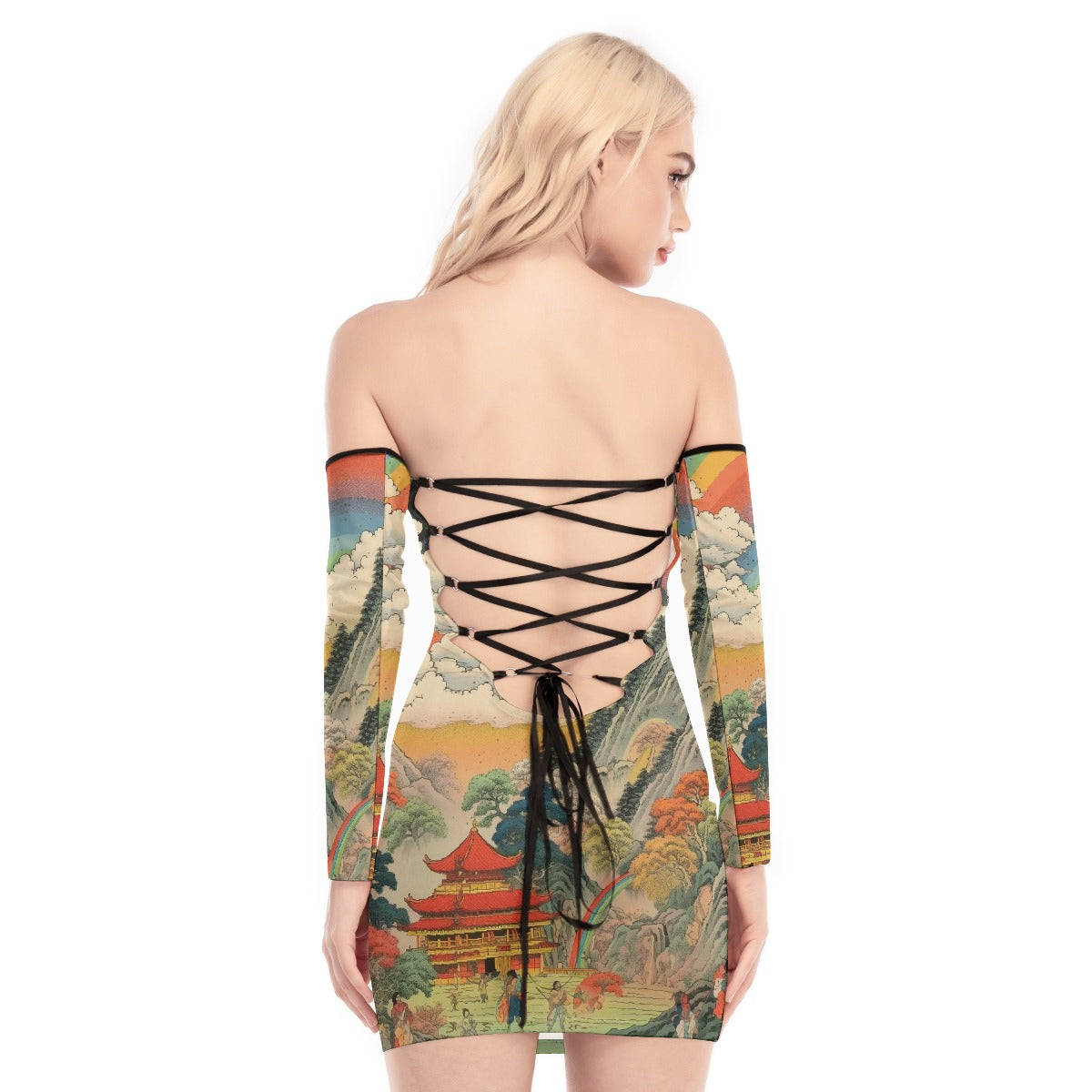 All-Over Print Women's Off-shoulder Back Lace-up Dress