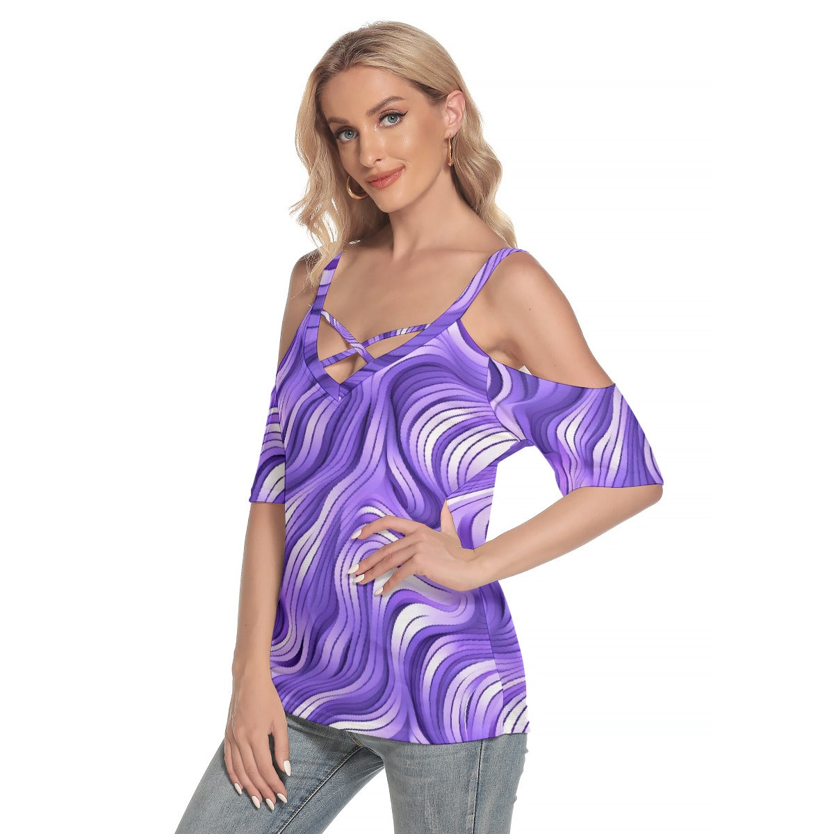 All-Over Print Women's Cold Shoulder T-shirt With Criss Cross Strips