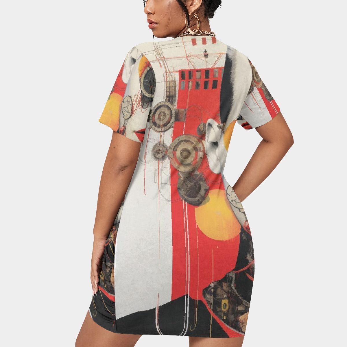 All-Over Print Women’s Stacked Hem Dress With Short Sleeve（Plus Size）