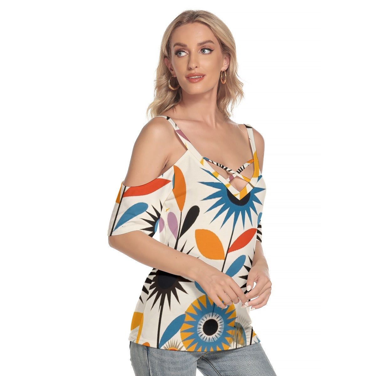 All-Over Print Women's Cold Shoulder T-shirt With Criss Cross Strips