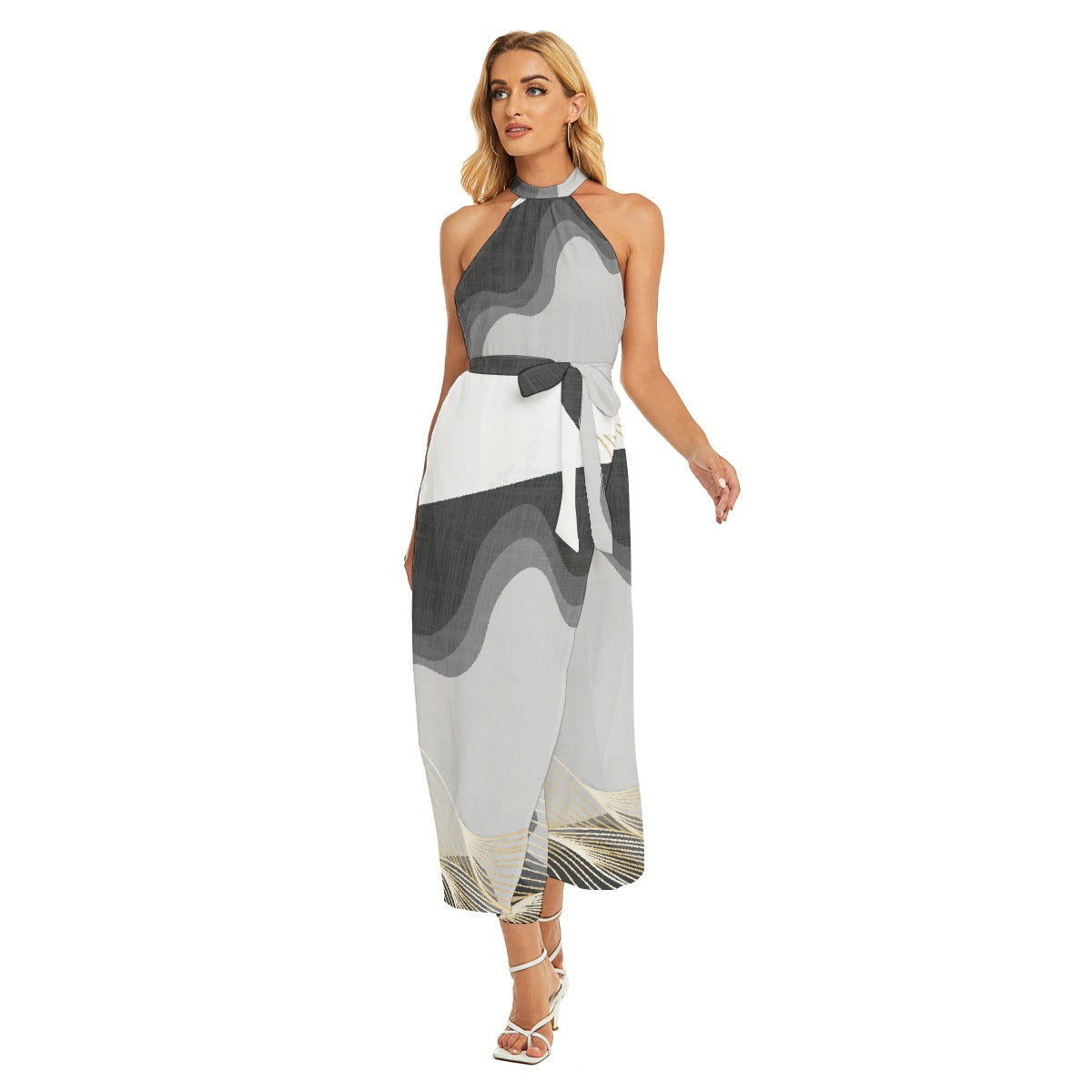 All-Over Print Women's Wrap Hem Belted Halter Dress