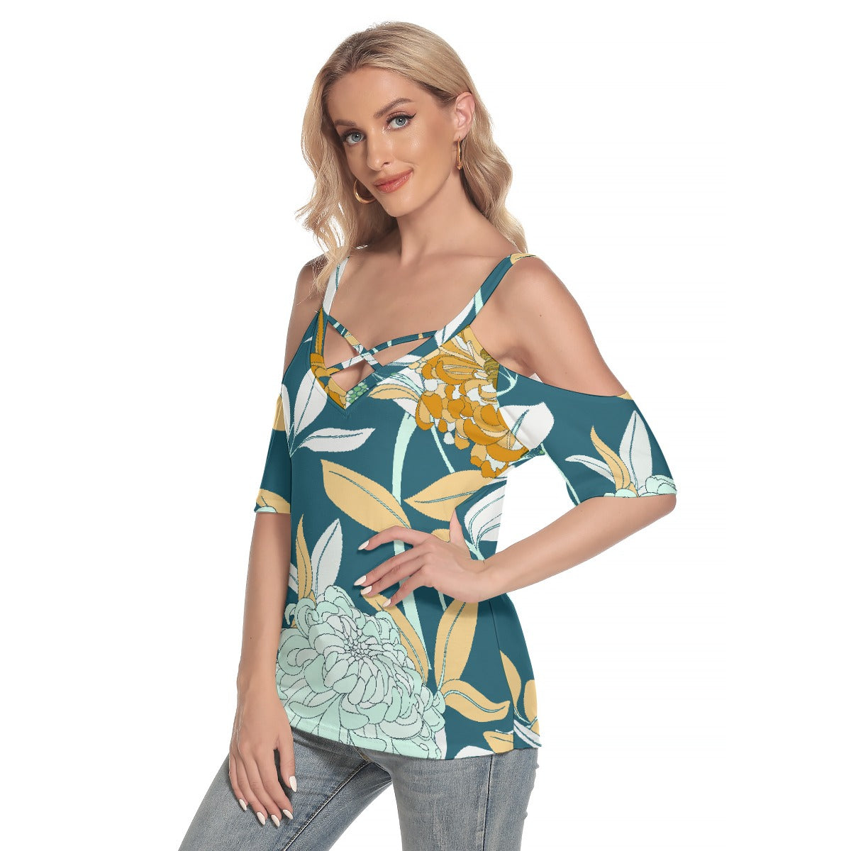 All-Over Print Women's Cold Shoulder T-shirt With Criss Cross Strips