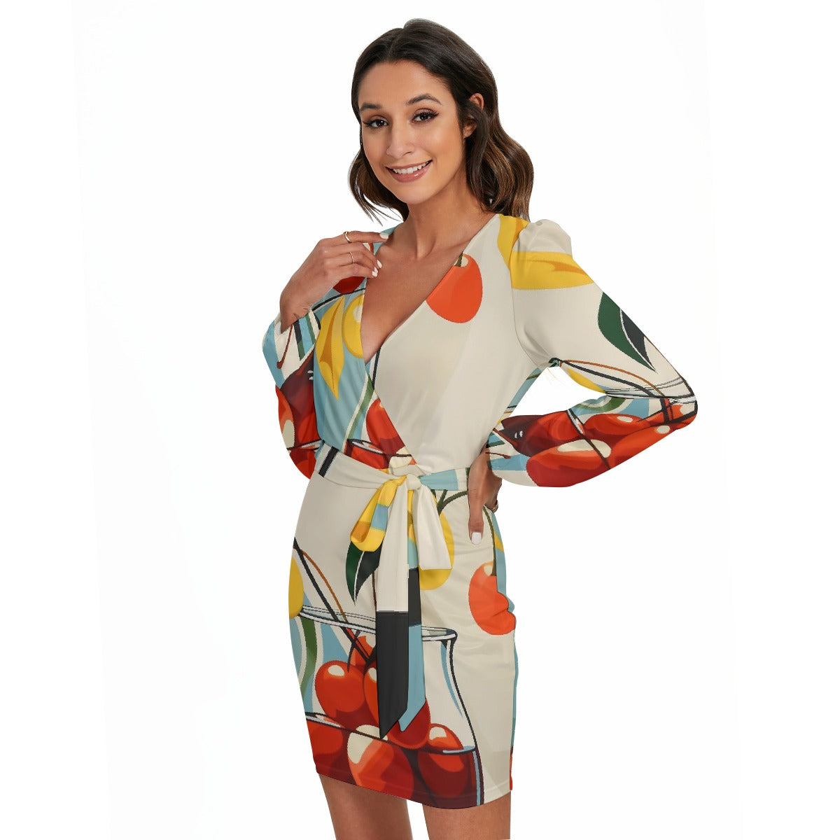 All-Over Print Women's Long Sleeve Dress With Waist Belt