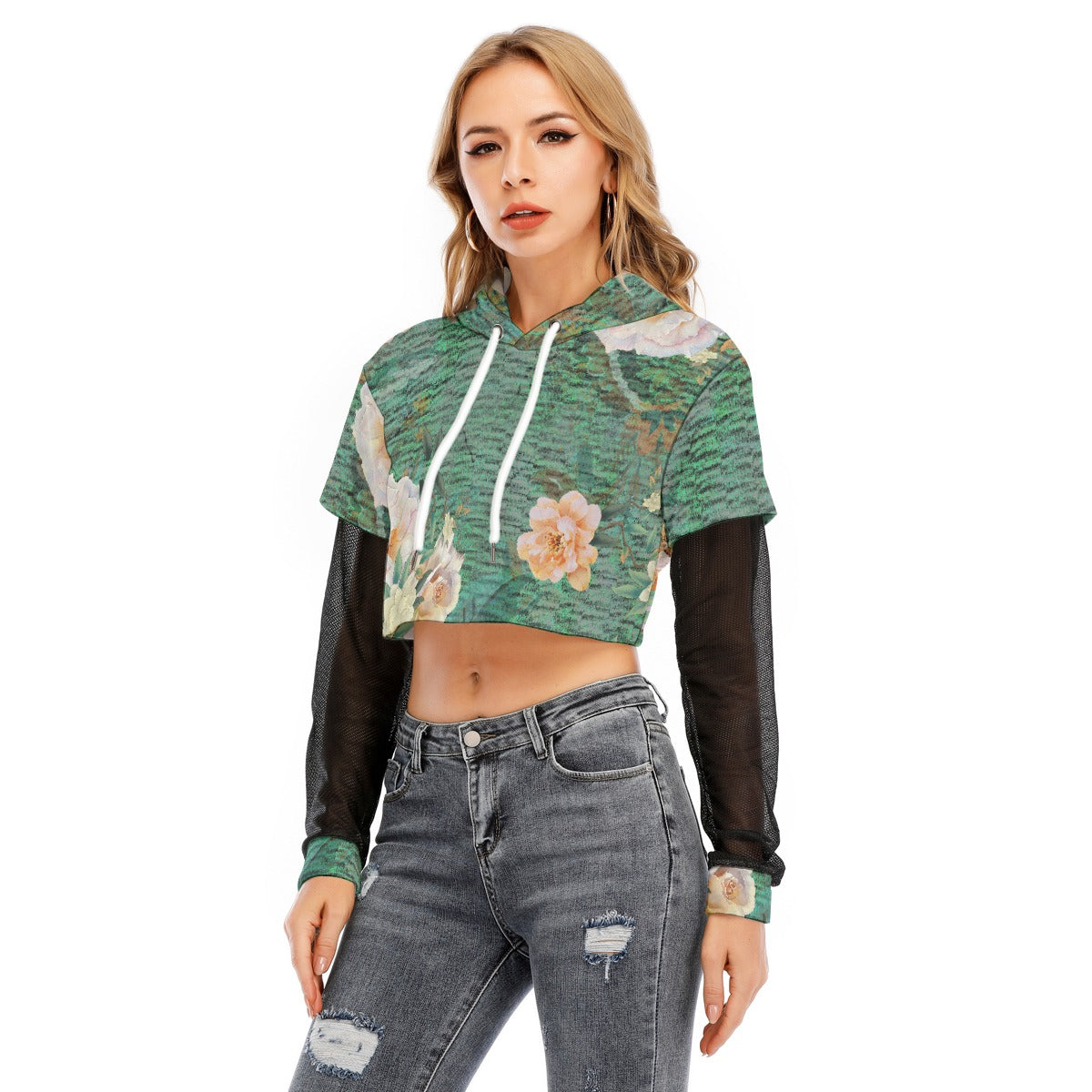 All-Over Print Women's Fake Two-piece Mesh Sleeve Cropped Hoodie