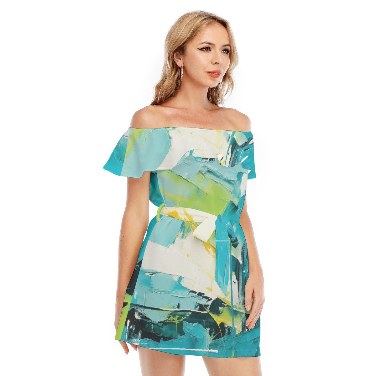 All-Over Print Women's Off-shoulder Dress With Ruffle