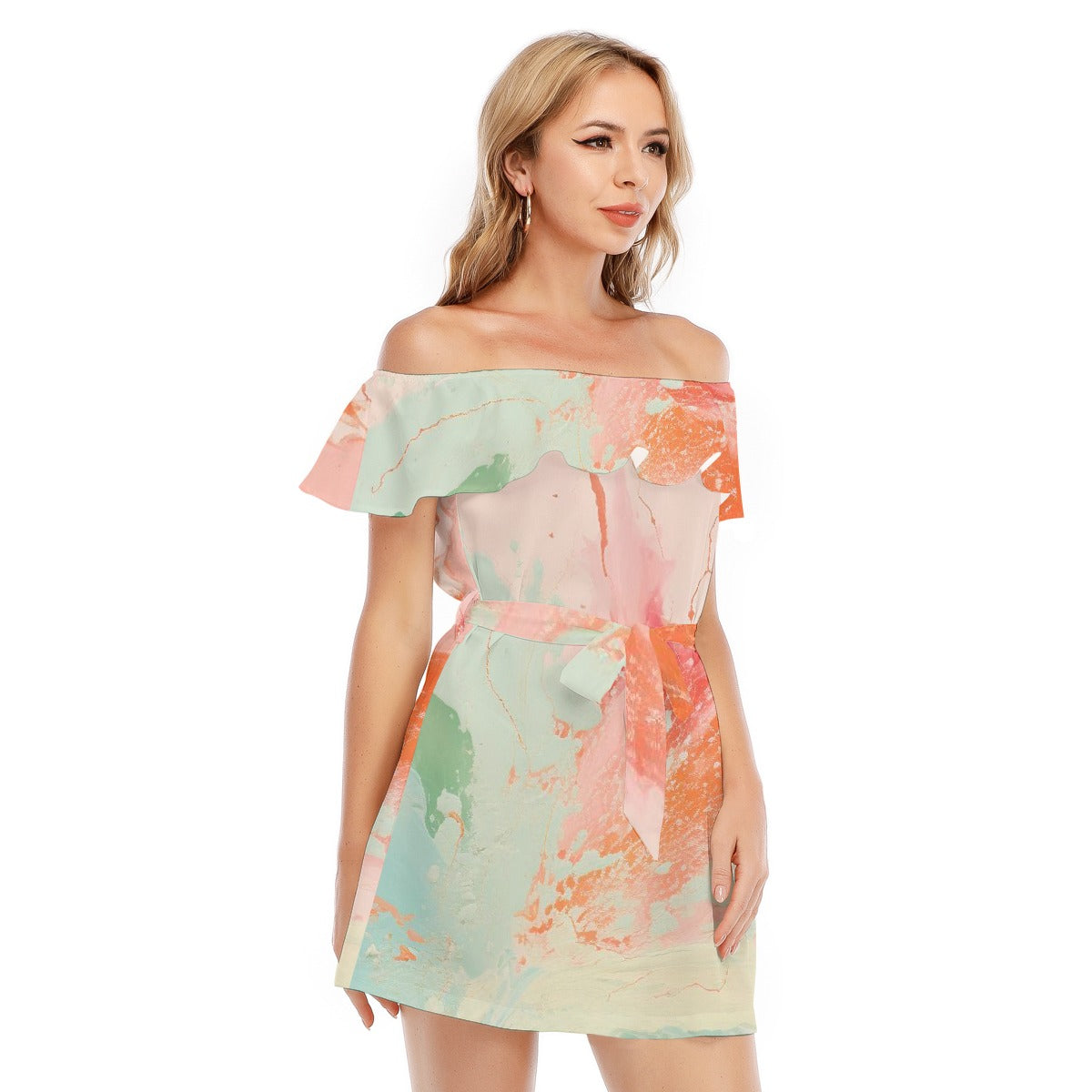 All-Over Print Women's Off-shoulder Dress With Ruffle