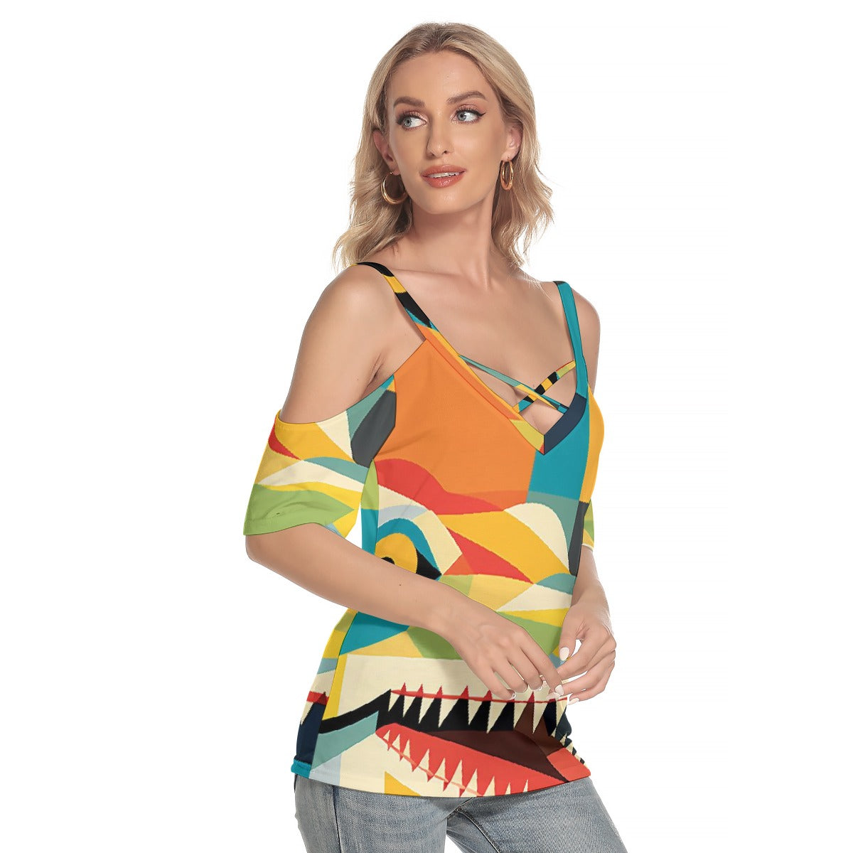 All-Over Print Women's Cold Shoulder T-shirt With Criss Cross Strips