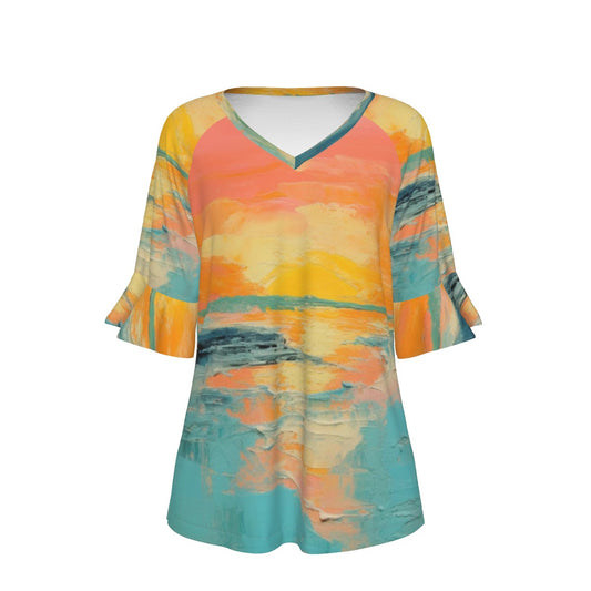 All-Over Print V-neck Women's T-shirt With Bell Sleeve