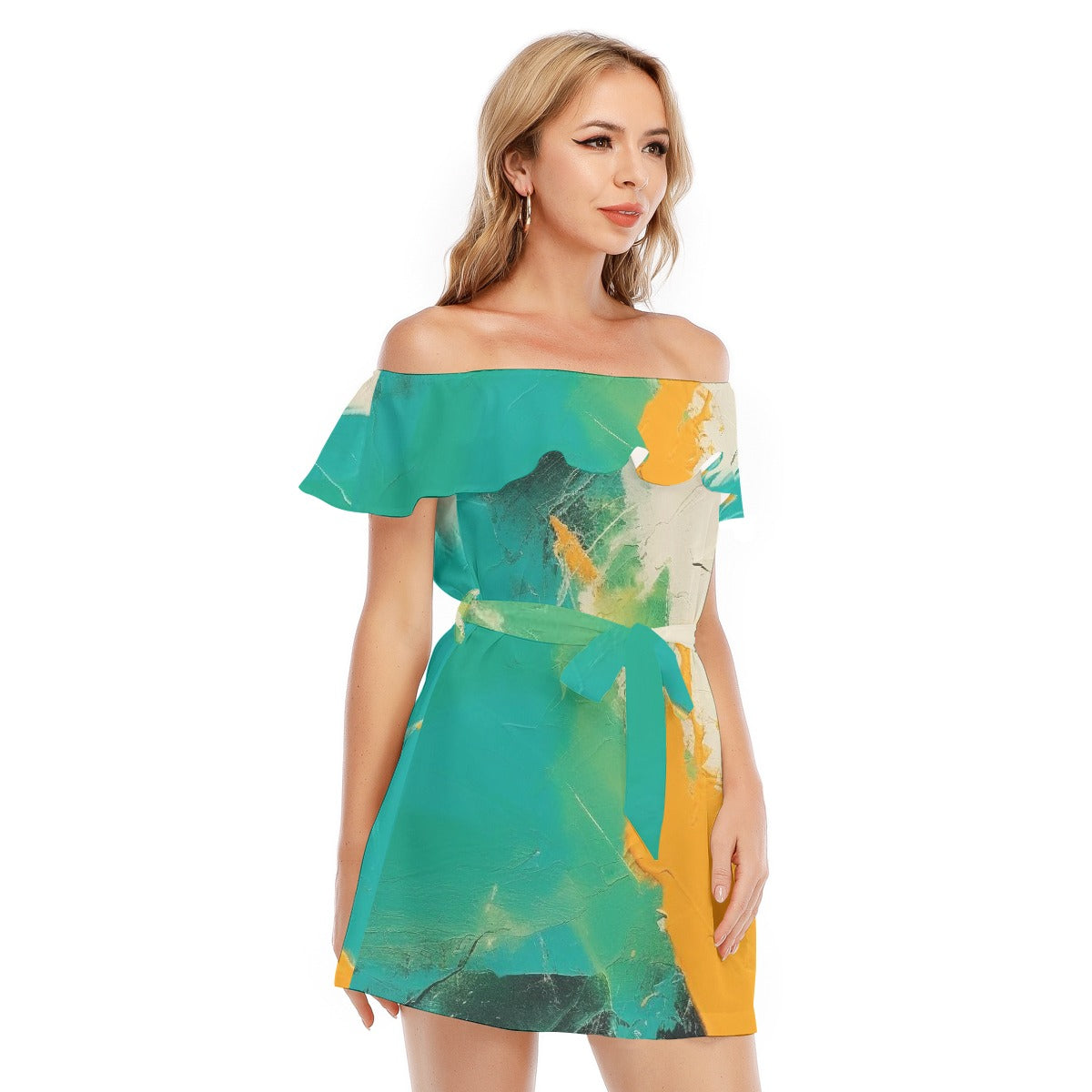 All-Over Print Women's Off-shoulder Dress With Ruffle