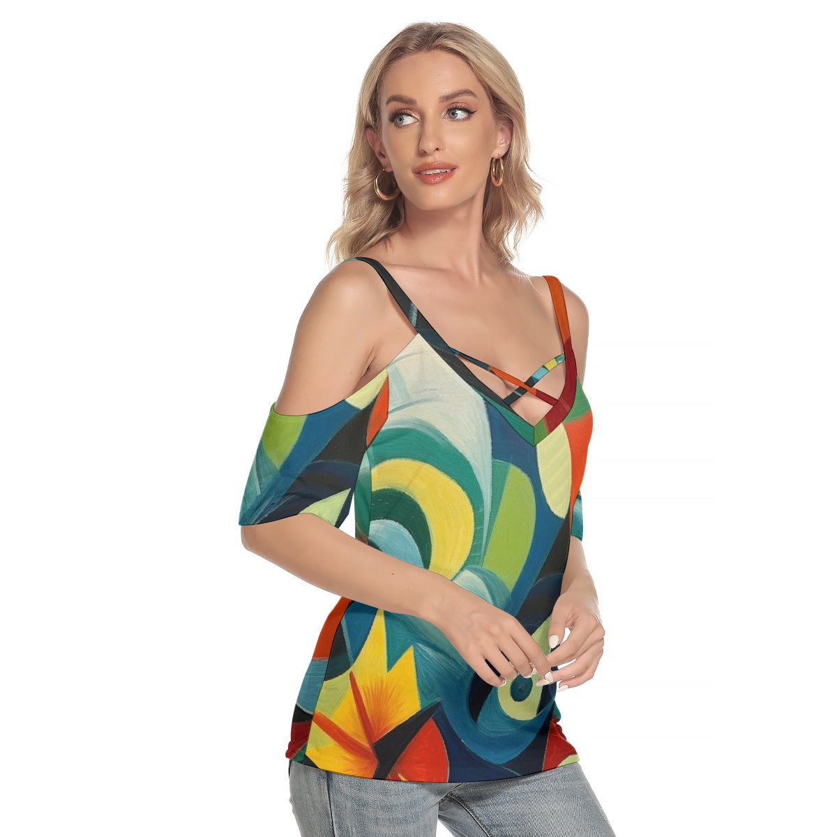 All-Over Print Women's Cold Shoulder T-shirt With Criss Cross Strips