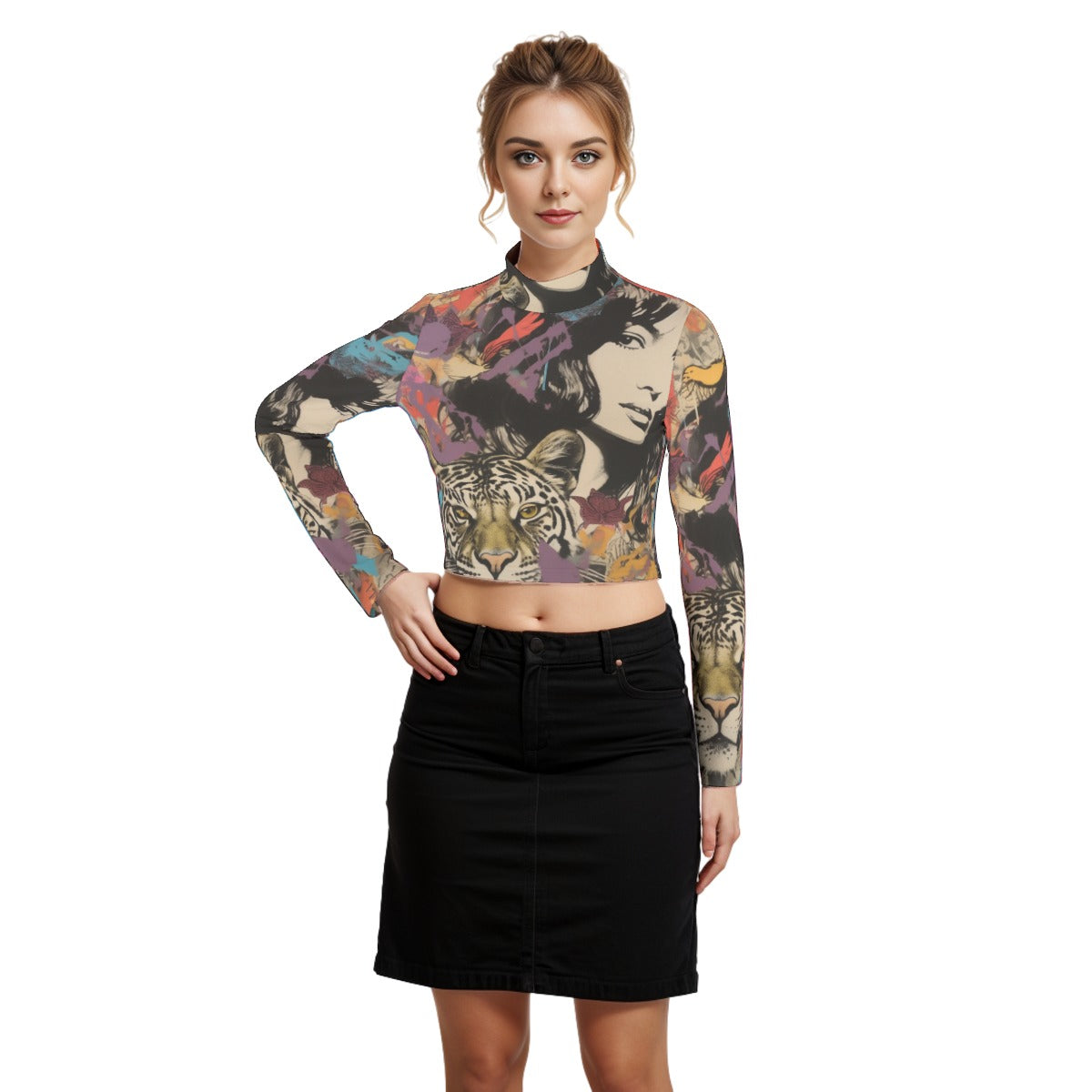 Eco-Friendly All-Over Print Women's Turtleneck T-shirt With Long Sleeve