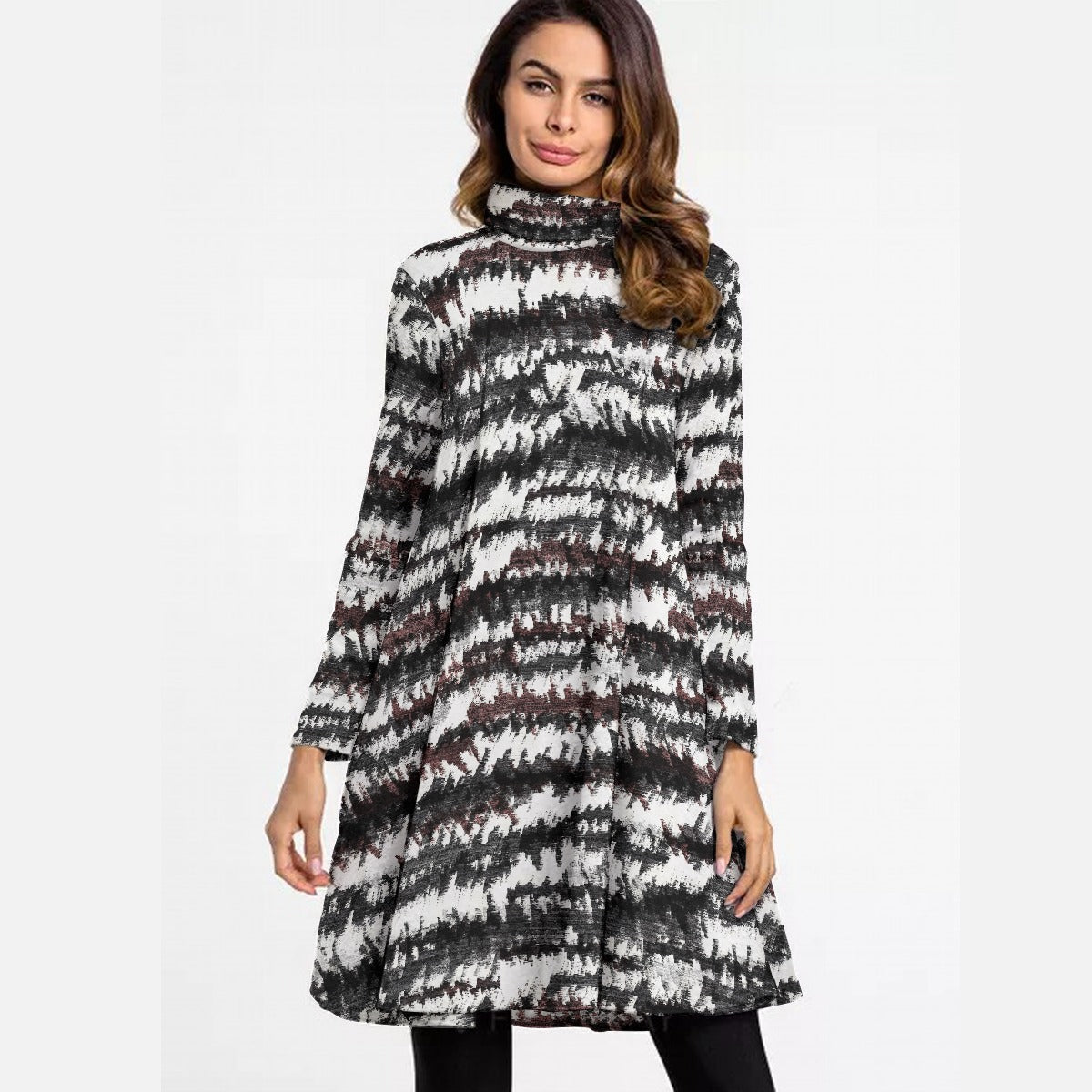 All-Over Print Women's High Neck Dress With Long Sleeve