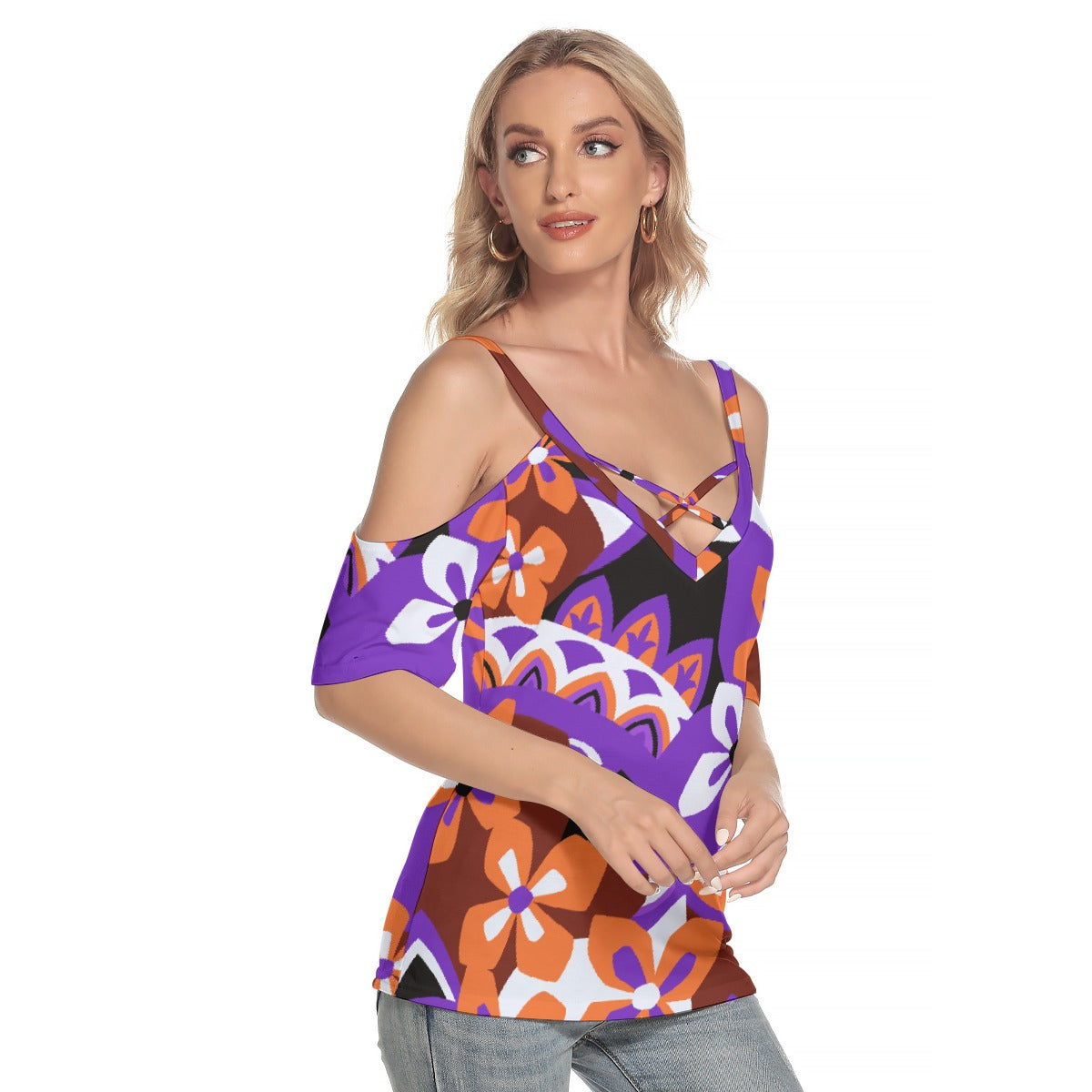 All-Over Print Women's Cold Shoulder T-shirt With Criss Cross Strips