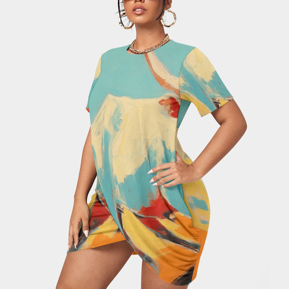 All-Over Print Women’s Stacked Hem Dress With Short Sleeve（Plus Size）