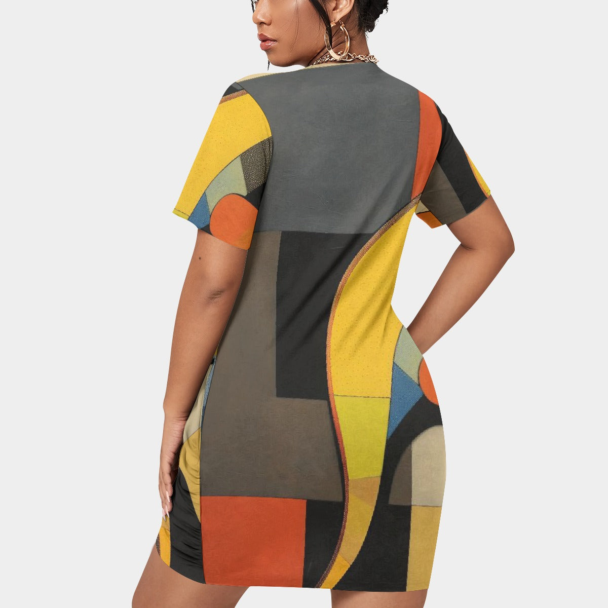 All-Over Print Women’s Stacked Hem Dress With Short Sleeve（Plus Size）